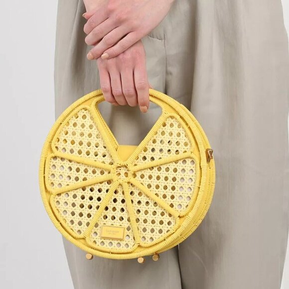 Kate Spade Lemon Drop Rattan Top-Handle Yellow Leather Crossbody Bag - Picture 11 of 11